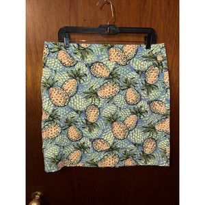 Talbots Petites Womens Blue Pineapple Tropical Skirt Size 12P With Pockets